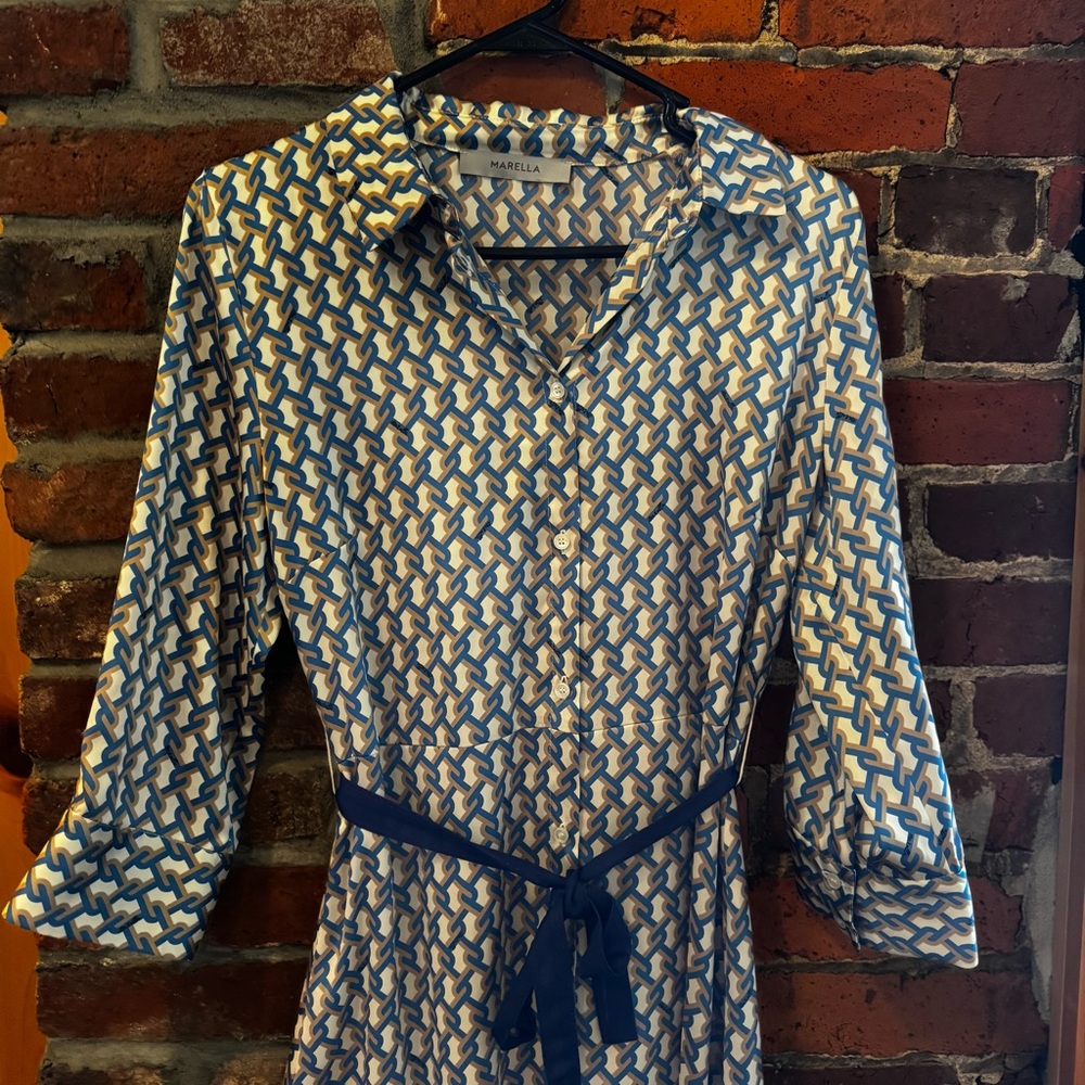 MARELLA Blue and White Geometric Long Sleeve Dress - Picture 10 of 14